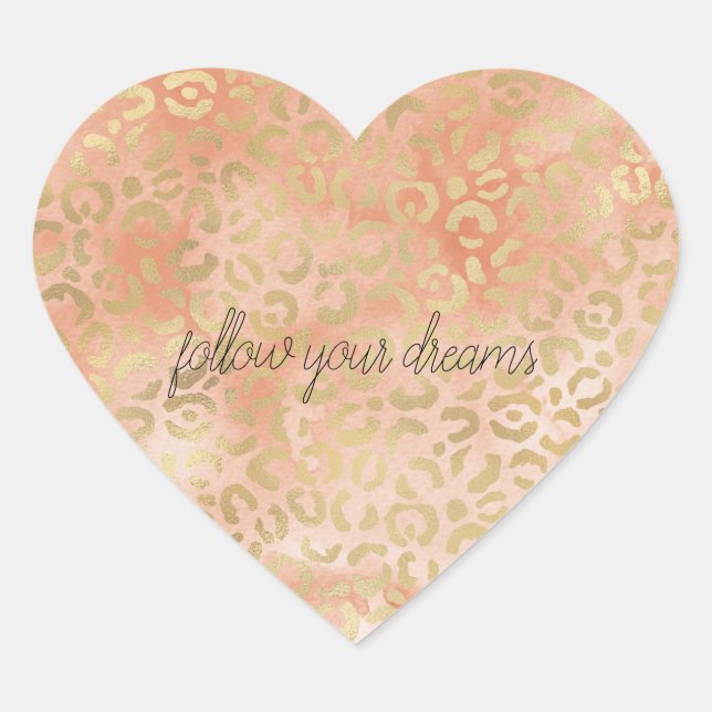 Peach Rose Aquarell Gold Leopard Print Herz-Aufkleber (Vorderseite)