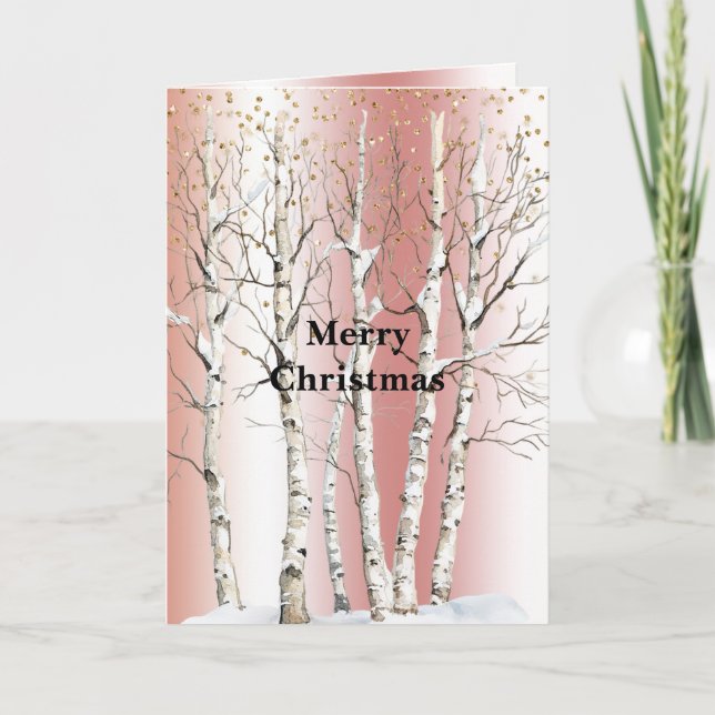 Peach Rose Birch Trees Gold Glitter Christmas Karte (Vorderseite)