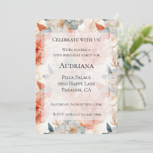 Peach Rose Blue Floral White Marble Geburtstag Einladung