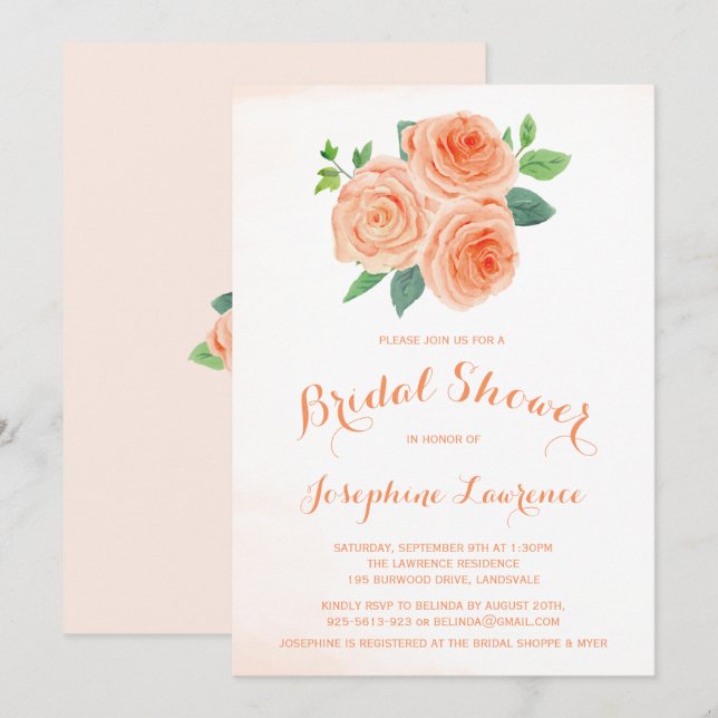 Peach Rose Blumendusche Einladungen (Vorne/Hinten)