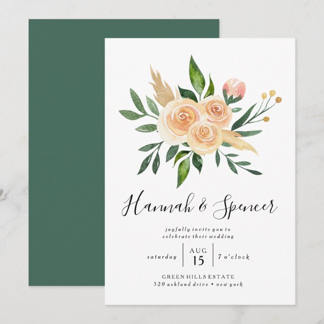 Peach Rose Bouquet Wedding Einladung (Vorne/Hinten)