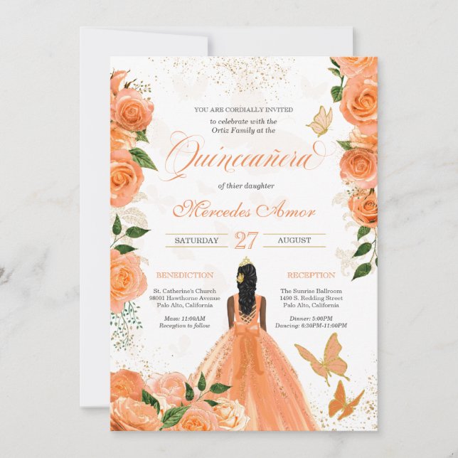 Peach Rose Butterfly Quinceanera Einladung (Vorderseite)