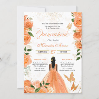 Peach Rose Butterfly Quinceanera Einladung