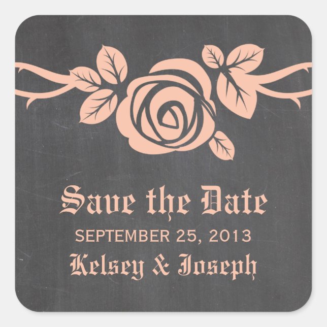 Peach Rose Chalkboard Save the Date Aufkleber (Vorderseite)