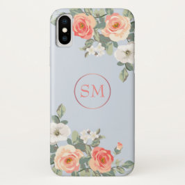 Peach Rose Dusty Blue Floral Monogram Case-Mate iPhone Hülle