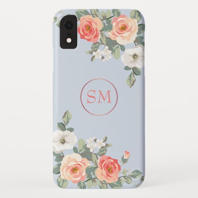 Peach Rose Dusty Blue Floral Monogram Case-Mate iPhone Hülle (Rückseite)