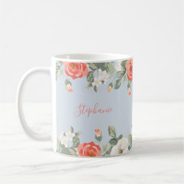 Peach Rose Dusty Blue Floral Personalisiert Kaffeetasse