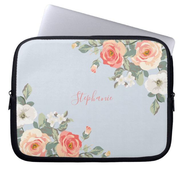 Peach Rose Dusty Blue Floral Personalisiert Laptopschutzhülle (Vorderseite)