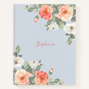 Peach Rose Dusty Blue Floral Personalisiert Notizbuch