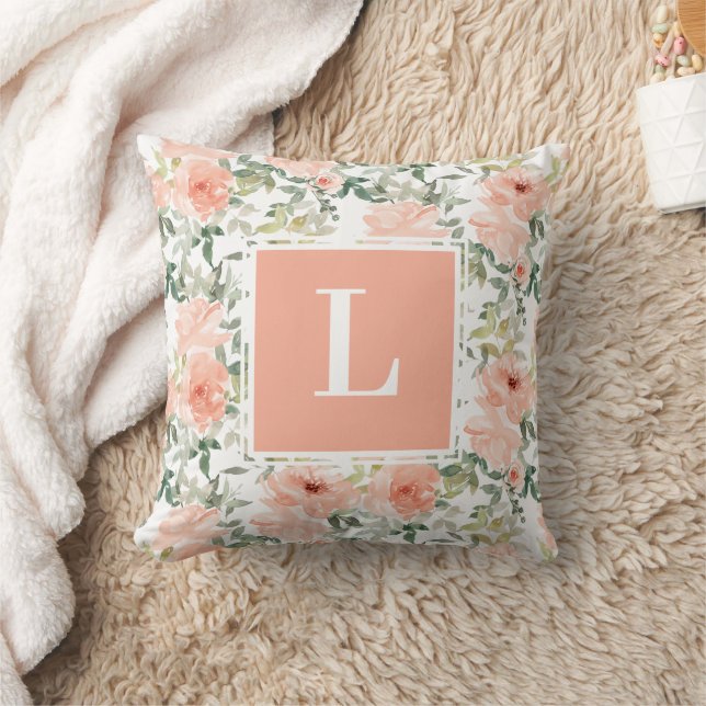 Peach Rose Floral Monogramm Kissen (Decke)