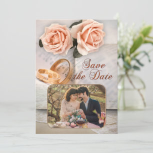 Peach Rose Foto Book Lovers Save the Date Karte