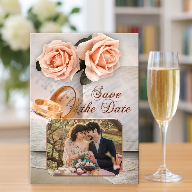 Peach Rose Foto Book Lovers Save the Date Karte (Save the Date card featuring your photo framed by a book design with peach roses and wedding rings)