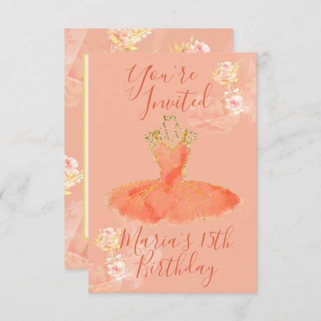 Peach Rose Gold Ballerina Dress Floral Parfüm Einladung (Vorne/Hinten)