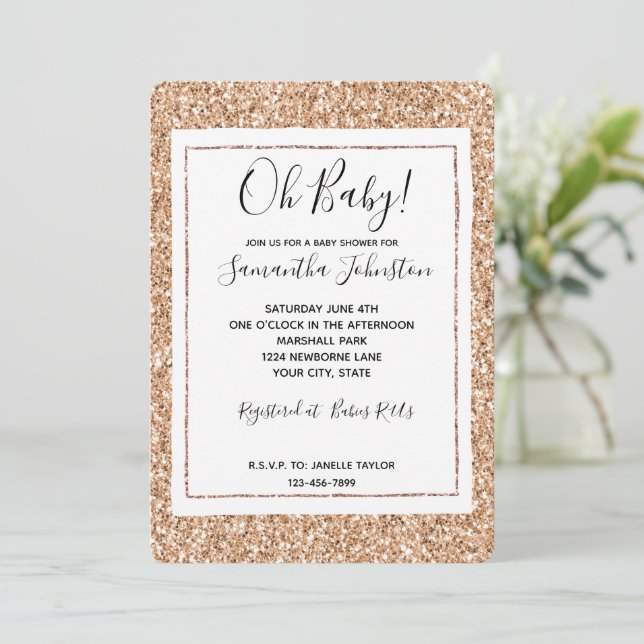 Peach Rose Gold Blush Glitzer Glitz Einladung (Stehend Vorderseite)