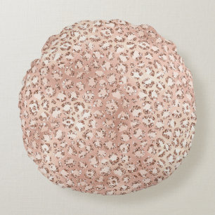 Peach Rose Gold Blush Pink Glitz Leopard Print   Rundes Kissen