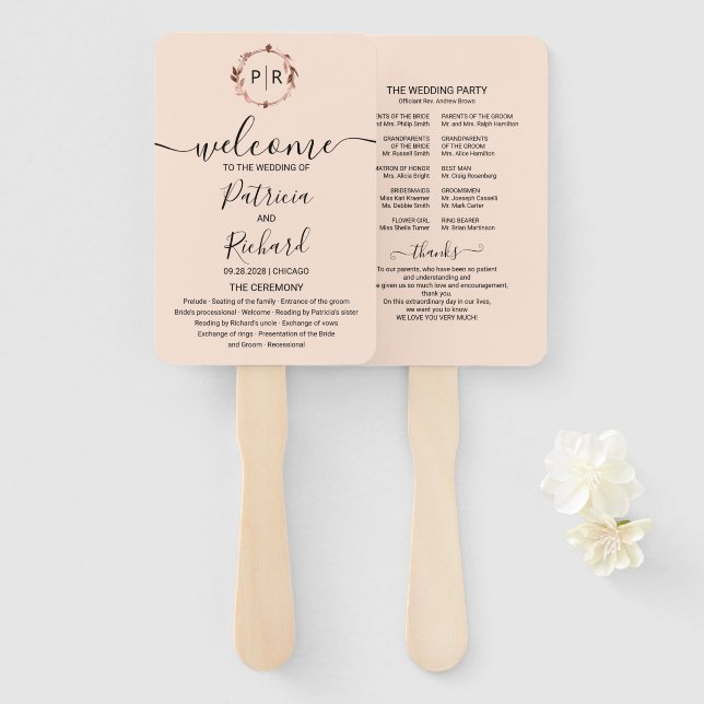 Peach Rose Gold Foil Wedding Program Hand Fan Fächer (Vorne und Hinten)