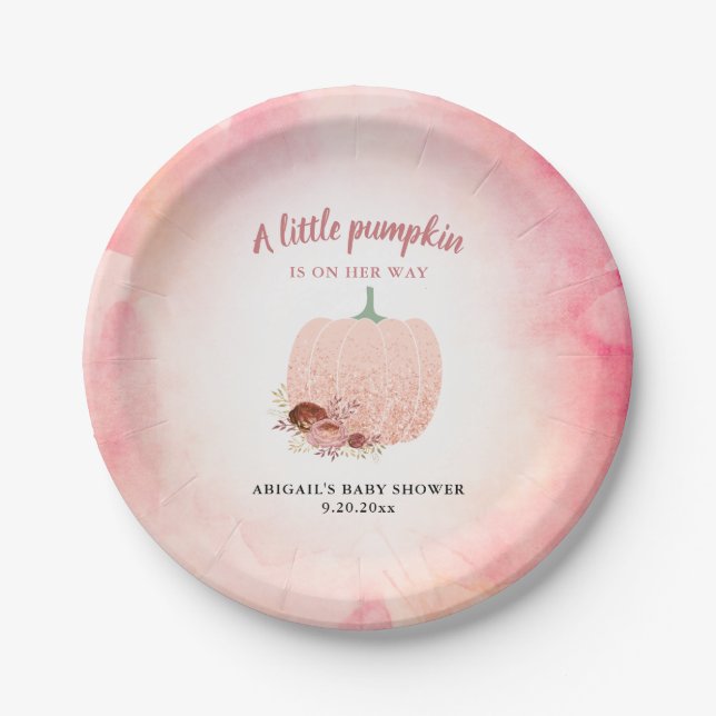 Peach & Rose Gold Glitzer Pumpkin Baby Dusche Pappteller (Vorderseite)