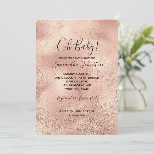 Peach Rose Gold Glitzy Glitzer Einladung (Stehend Vorderseite)