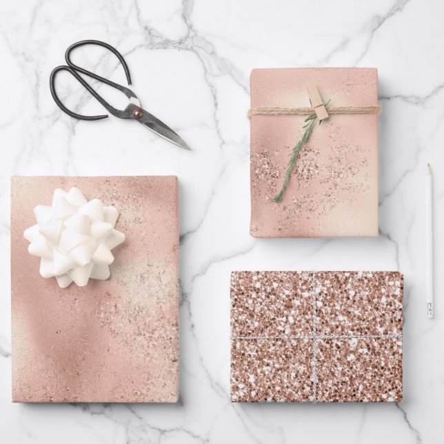Peach Rose Gold Glitzy Glitzer Geschenkpapier Set (Vorderseite)
