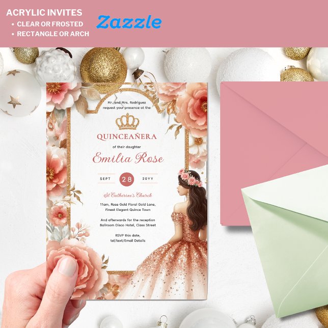 Peach Rose Gold Quinceañera Kleid Blumenzange Acryleinladungen (Von Creator hochgeladen)