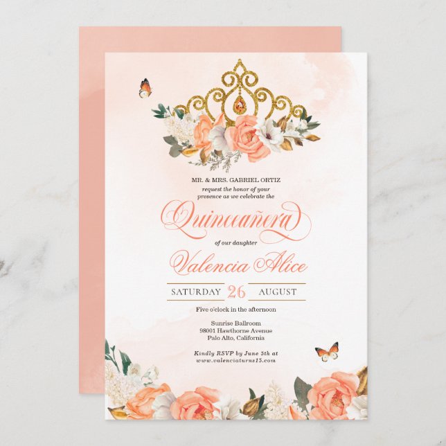 Peach Rose Gold Tiara Butterfly Quinceanera Einladung (Vorne/Hinten)