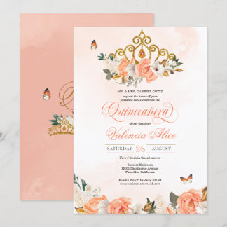 Peach Rose Gold Tiara Butterfly Quinceanera Einladung