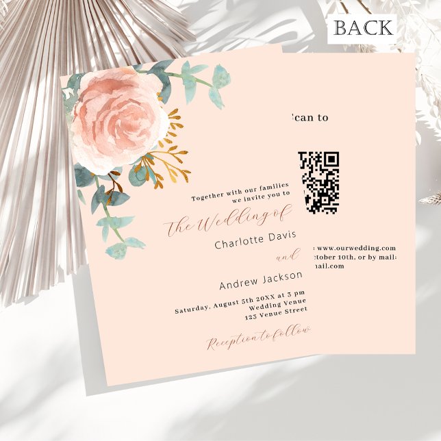 Peach Rose Goldfloralen Grüne QR UAWG Hochzeit Einladung (Von Creator hochgeladen)