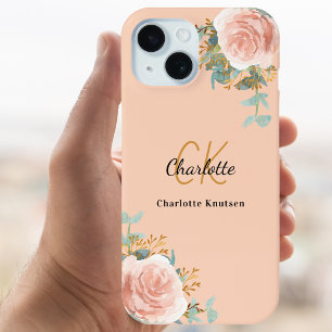 Peach Rose Goldflorchen monogramm elegant iPhone 16 Pro Hülle
