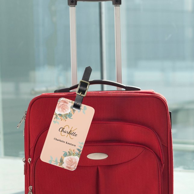 Peach Rose Goldflorchen monogramm elegant Gepäckanhänger (Von Creator hochgeladen)