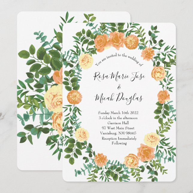 Peach Rose Hochzeit Blumenfeder Einladung (Vorne/Hinten)