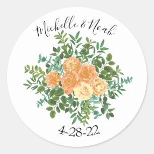 Peach Rose Hochzeit Blumenfeder Runder Aufkleber