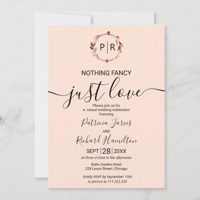Peach Rose Monogram Calligrafy Foto Wedding Einladung (Vorderseite)