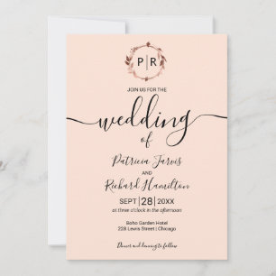 Peach Rose Monogram Calligrafy Foto Wedding Einladung