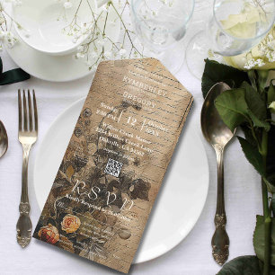 Peach Rose on Vintag Creme Background QR Code All In One Einladung