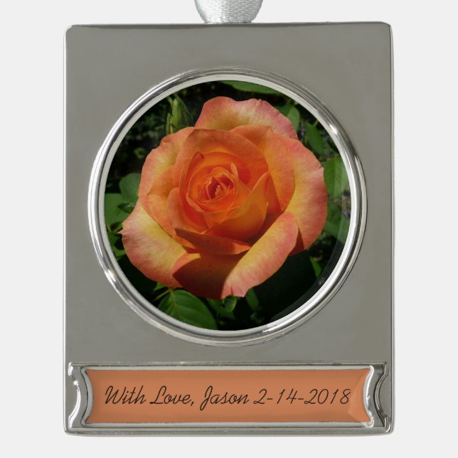 Peach Rose Orange Floral Fotografie Banner-Ornament Silber (Vorderseite)