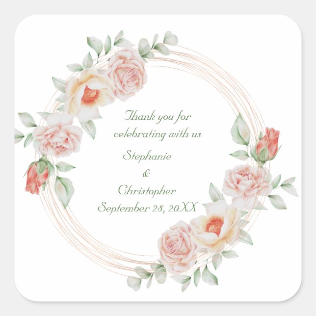 Peach Rose Rosa Rosa Rosa Rosa Goldrahmen Hochzeit Quadratischer Aufkleber (Vorderseite)