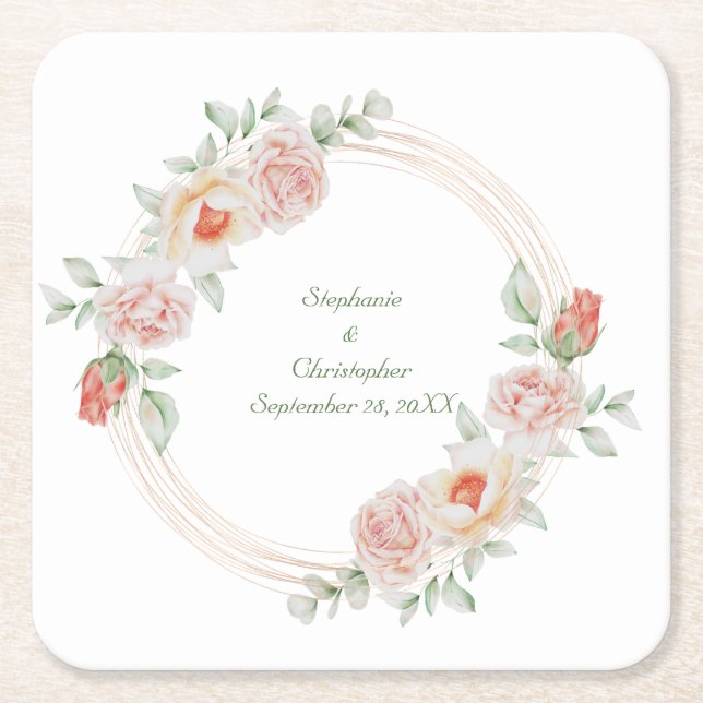 Peach Rose Rosa Rosa Rosa Rosa Goldrahmen Hochzeit Rechteckiger Pappuntersetzer (Vorderseite)