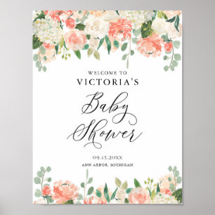 Peach Rose und Hydrangeas Babydusche Begrüßung Poster