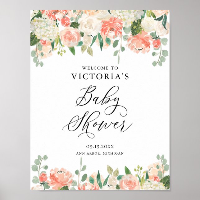 Peach Rose und Hydrangeas Babydusche Begrüßung Poster (Vorne)