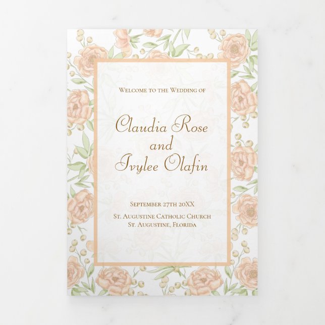 Peach Rose Wedding Programs Dreifach-gefaltete Programmkarte (Cover)