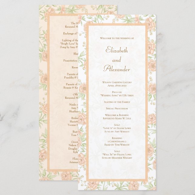 Peach Rose Wedding Programs Menükarte (Vorne/Hinten)