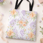 Peach Roses Lavender Cottagecore Floral Tote Bags<br><div class="desc">Carry everyday essentials in timeless cottagecore style with this Peach Roses & Lavender Cottagecore Floral Tote Bag. Featuring delicate watercolor peach roses, soft lavender blossoms, and fresh sage greenery over a subtle lattice background, this design blends romantic botanical charm with vintage-inspired elegance. The pastel palette of peach, lavender, sage green,...</div>