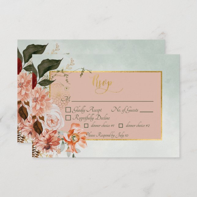 Peach & Rust Blume auf Grüner Hochzeit RSVP Karte (Vorne/Hinten)