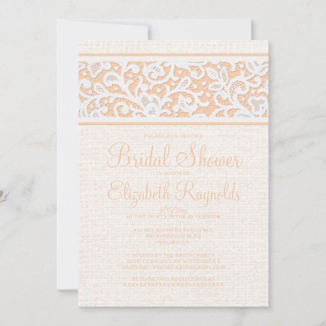 Peach Rustic Burlap Linen Bridal Dusche Einladung (Vorderseite)
