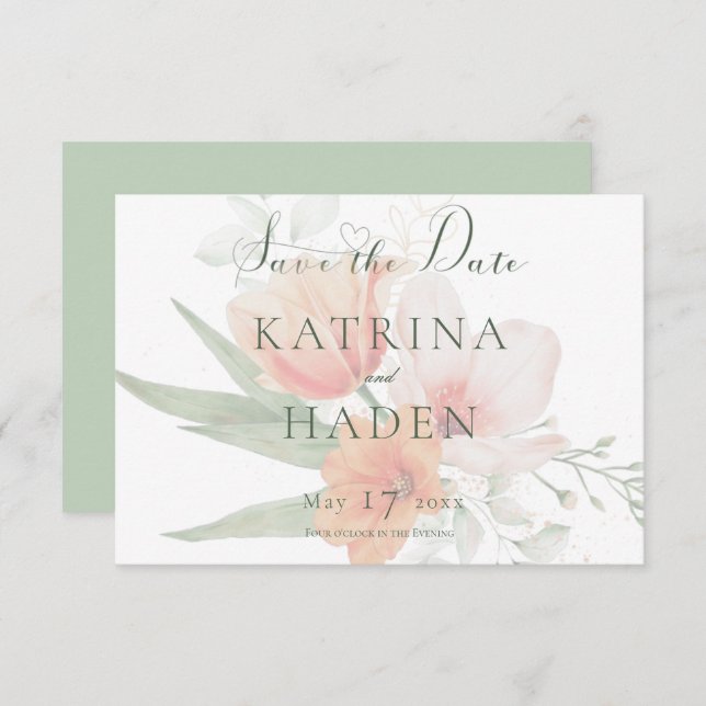 Peach & Sage Green Blume Hochzeit Save The Date (Vorne/Hinten)