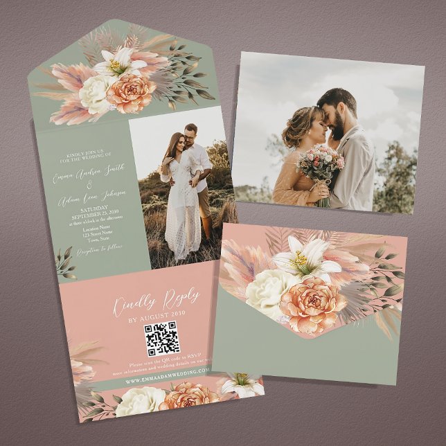 Peach Sage Green Floral QR Code Hochzeit All In One Einladung (Von Creator hochgeladen)