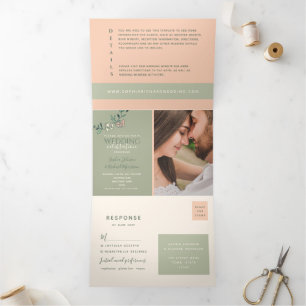 Peach Sage Green Tri-Falten Hochzeitladen Dreifach Gefaltete Einladung