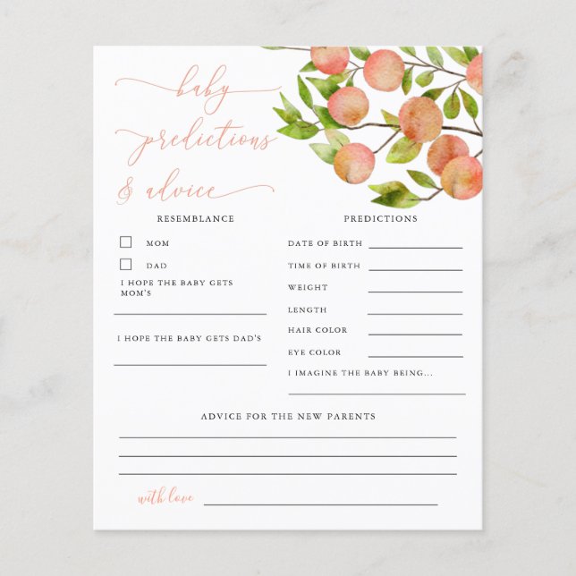 Peach Shower Baby Vorhersagen und Ratschläge Karte (Vorderseite)