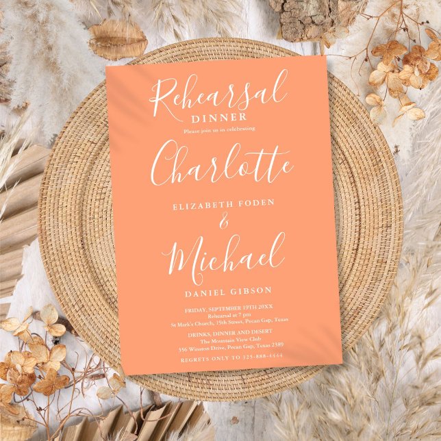 Peach Signature Script Probe Dinner Einladung (Peach Signature Script Rehearsal Dinner Invitation)