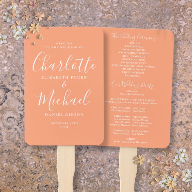 Peach Signature Script Wedding Program Fächer (Peach Signature Script Wedding Program Hand Fan)